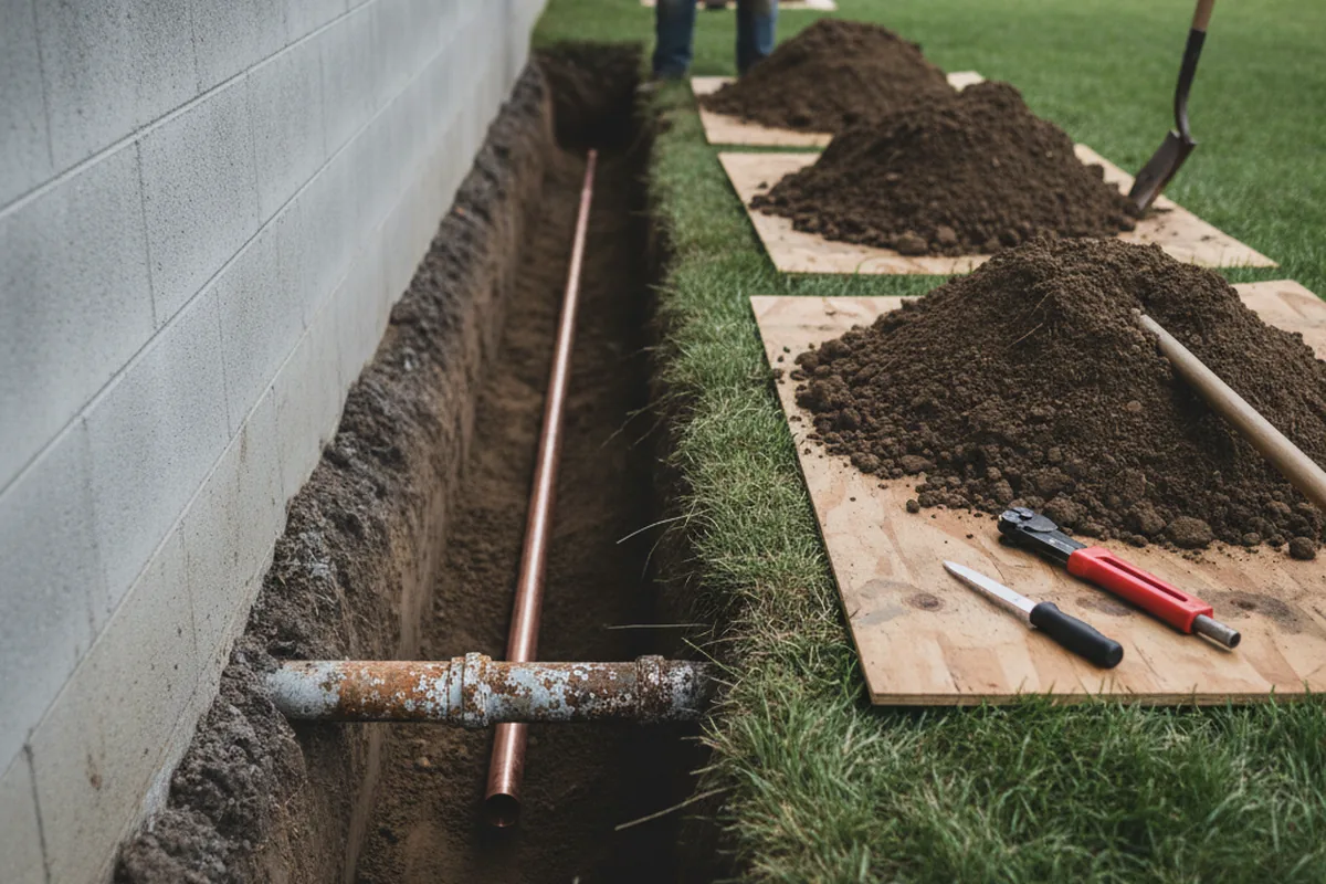 Excavated water line trench during Water Heater Repair in Dillon